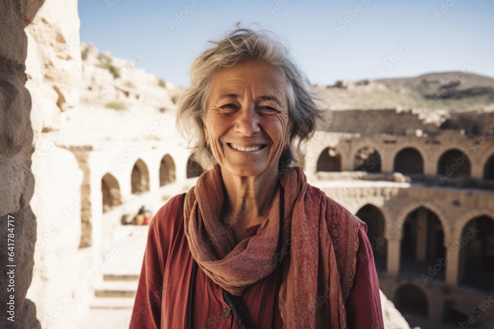 Environmental portrait photography of a happy mature woman wearing a trendy off-shoulder blouse at the crac des chevaliers in homs governorate syria. With generative AI technology