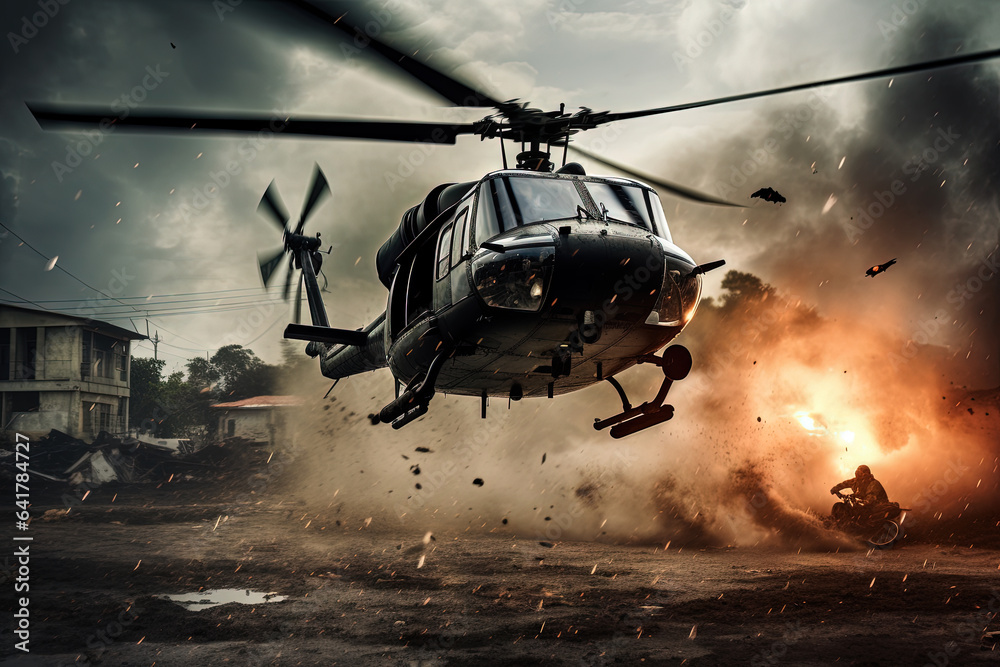 Action shot with helicopter hovering in the air. Dynamic scene in action movie blockbuster style. Action shot with helicopter hovering in the air. Dynamic scene in action movie blockbuster style.