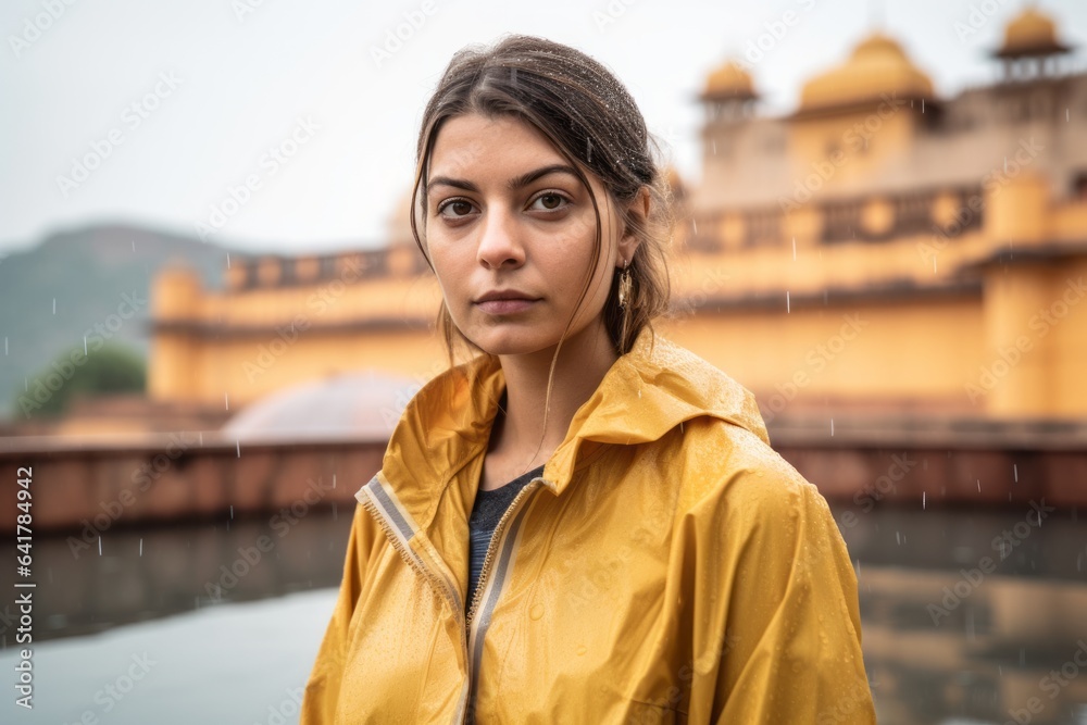Fototapeta premium Photography in the style of pensive portraiture of a jovial girl in her 30s wearing a waterproof rain jacket at the amber fort in jaipur india. With generative AI technology
