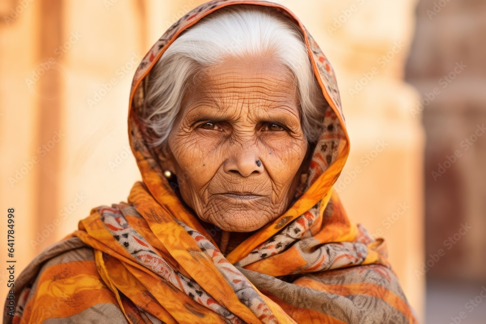 Medium shot portrait photography of a glad old woman wearing a quilted insulated jacket at the amber fort in jaipur india. With generative AI technology
