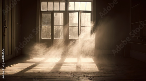 Dusty room with old distressed windows and sun rays. Abandoned grungy interior with lights in the dust.
