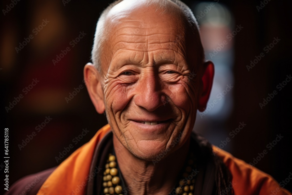 Close-up portrait photography of a joyful mature man wearing a delicate lace choker at the potala palace in lhasa tibet. With generative AI technology
