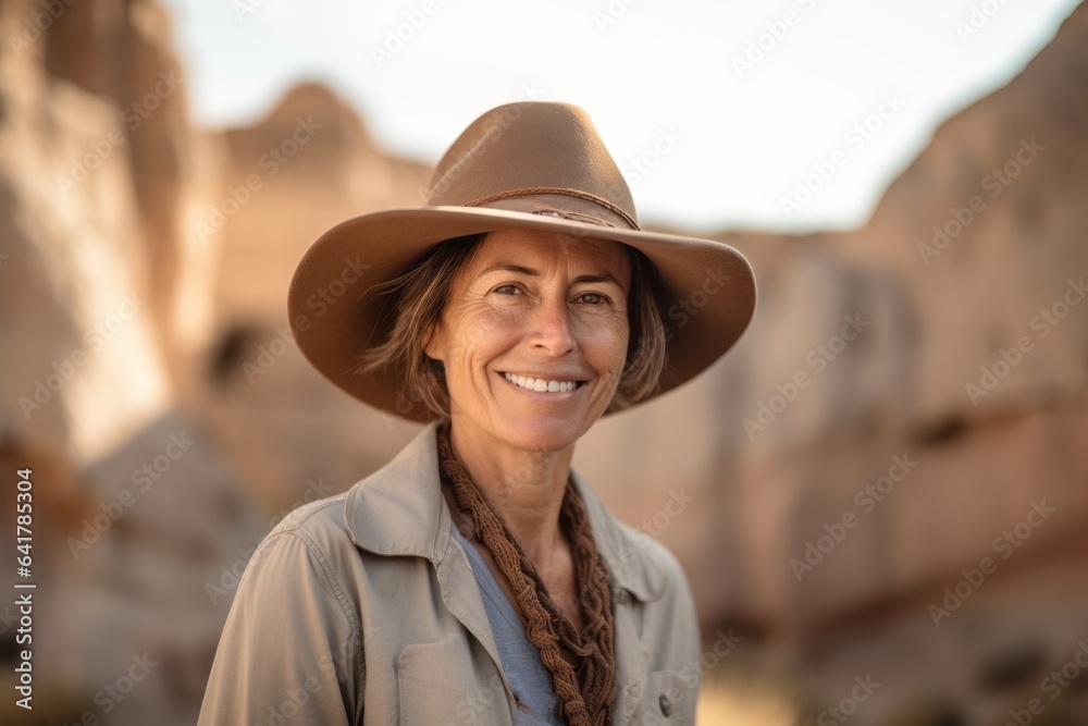 Close-up portrait photography of a blissful mature woman wearing a rugged cowboy hat at the cappadocia in nevsehir province turkey. With generative AI technology