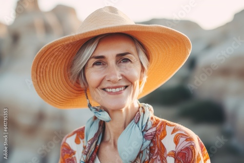 Close-up portrait photography of a happy mature woman wearing a whimsical sunhat at the cappadocia in nevsehir province turkey. With generative AI technology