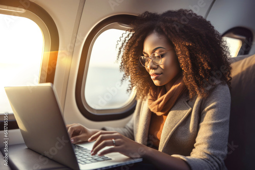 Remote work: an african american woman's productive flight in first class airplane travel