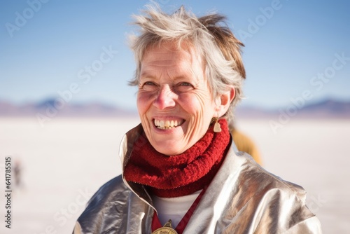 Medium shot portrait photography of a happy mature woman wearing a sparkling brooch at the salar de uyuni in potosi bolivia. With generative AI technology photo
