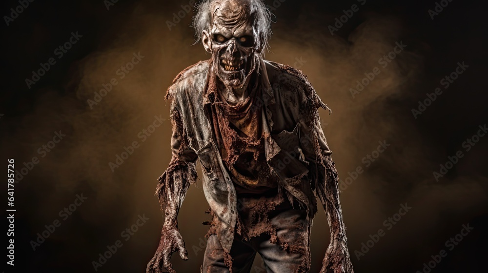 Scary Halloween zombie, horror scene with dead monster, infected rotting creature, detailed undead person fiction in gore costume