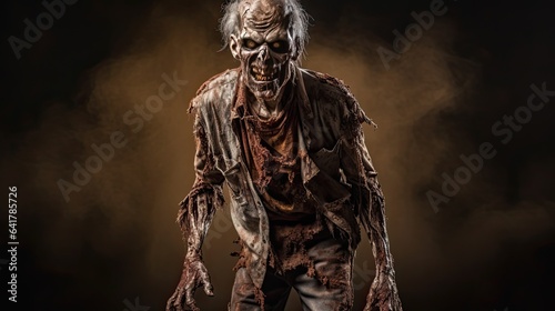 Scary Halloween zombie, horror scene with dead monster, infected rotting creature, detailed undead person fiction in gore costume photo