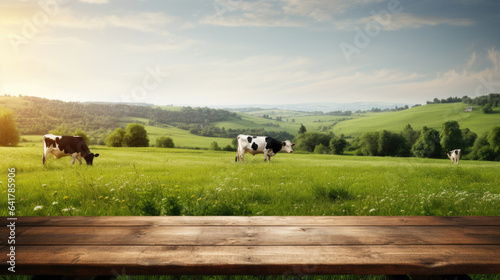 Fototapeta Naklejka Na Ścianę i Meble -  Empty wooden table top with grass field and cows in background.