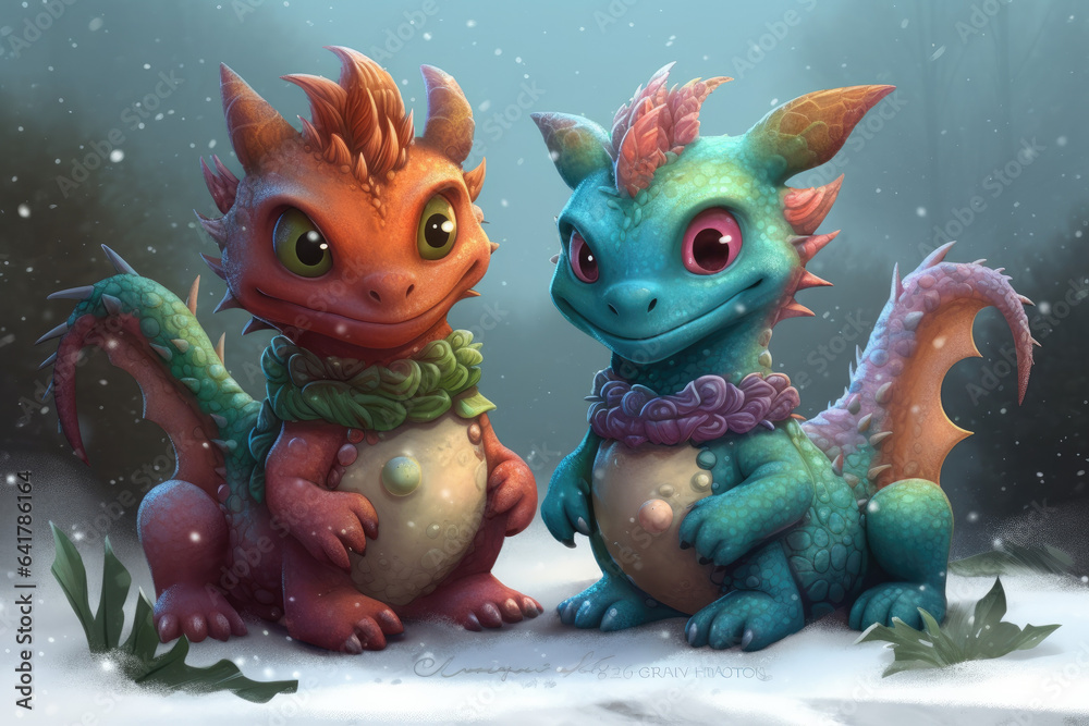 Naklejka premium Illustration of Cute little baby dragon with big eyes in winter landscape. Fantasy monster in the forest. Сartoon character. Symbol of Chinese 2024 year