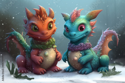 Illustration of Cute little baby dragon with big eyes in winter landscape. Fantasy monster in the forest.   artoon character. Symbol of Chinese 2024 year