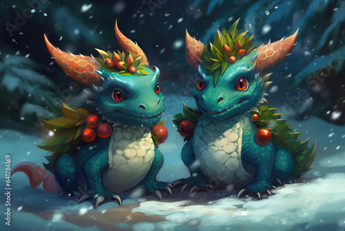 Illustration of Cute little baby dragon with big eyes in winter landscape. Fantasy monster in the forest. Сartoon character. Symbol of Chinese 2024 year © MarijaBazarova