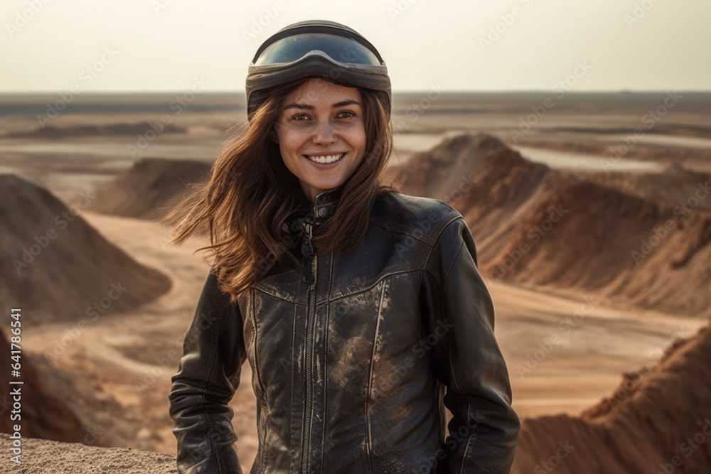 Photography in the style of pensive portraiture of a grinning girl in her 20s wearing a classic leather jacket at the darvaza gas crater in derweze turkmenistan. With generative AI technology