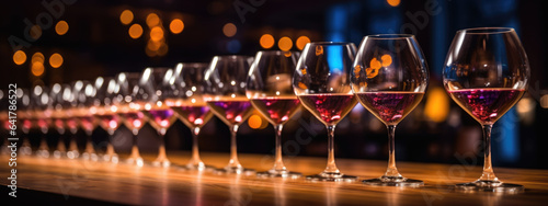 Many glasses of different wine in a row on bar counter