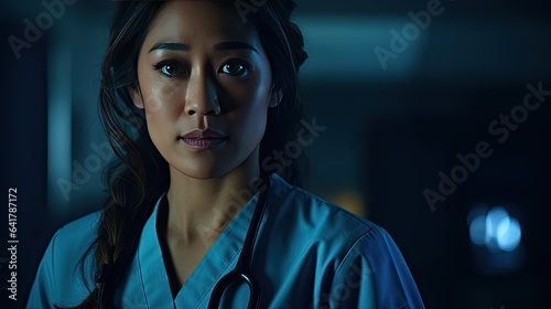 Close-up of a healthcare professional of Asian descent, her eyes reflecting determination, with a backdrop of muted blue equipment
