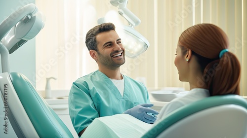 Middle Eastern dentist working on a patient, the soothing blue-green ambiance of the clinic setting the patient at ease