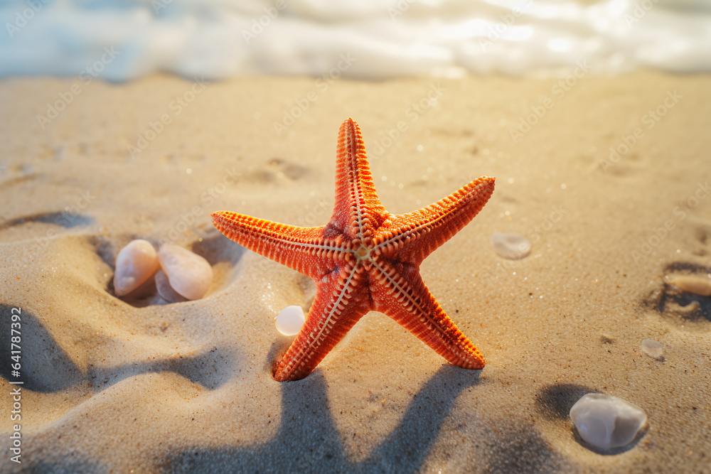 Starfish on the sand on the beach among seashells. Summer vacation photo Starfish on the sand on the beach among seashells. Summer vacation photo