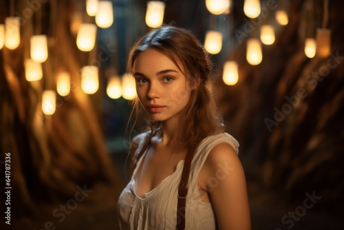 Photography in the style of pensive portraiture of a cheerful girl in her 20s wearing an elegant corset at the waitomo glowworm caves in waikato new zealand. With generative AI technology