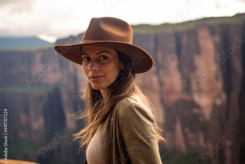 Lifestyle portrait photography of a glad girl in her 30s wearing a classic fedora at the mount roraima in guiana shield south america. With generative AI technology © Markus Schröder