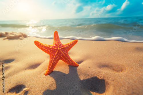 Starfish on the sand on the beach among seashells. Summer vacation photo