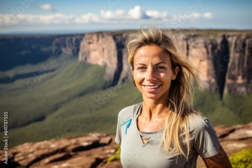 Conceptual portrait photography of a blissful mature woman wearing a sporty polo shirt at the mount roraima in guiana shield south america. With generative AI technology