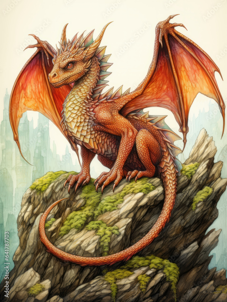 Obraz premium Orange Young Dragon with Wings Outstretched on Mossy Outcrop in Misty Mountains, Scaly Mythical Fantasy Creature in Wild Setting Illustration