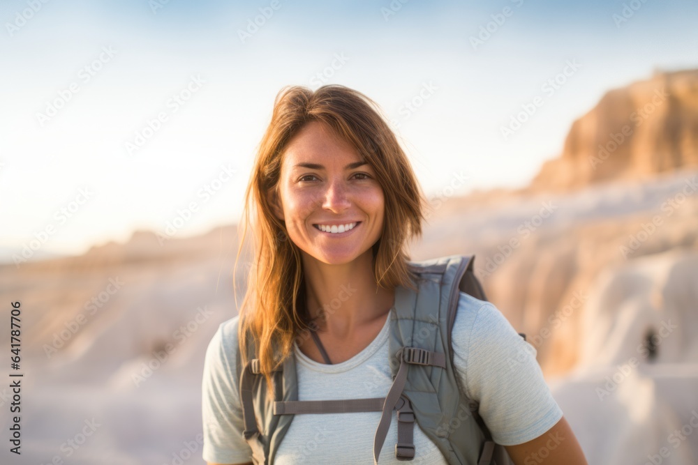 Headshot portrait photography of a blissful girl in her 30s wearing a breathable mesh vest at the pamukkale in denizli turkey. With generative AI technology Headshot portrait photography of a blissful girl in her 30s wearing a breathable mesh vest at the pamukkale in denizli turkey. With generative AI technology