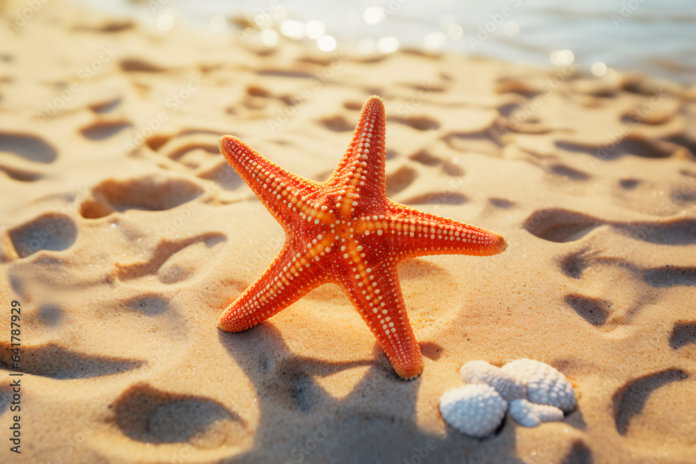 Starfish on the sand on the beach among seashells. Summer vacation photo Starfish on the sand on the beach among seashells. Summer vacation photo