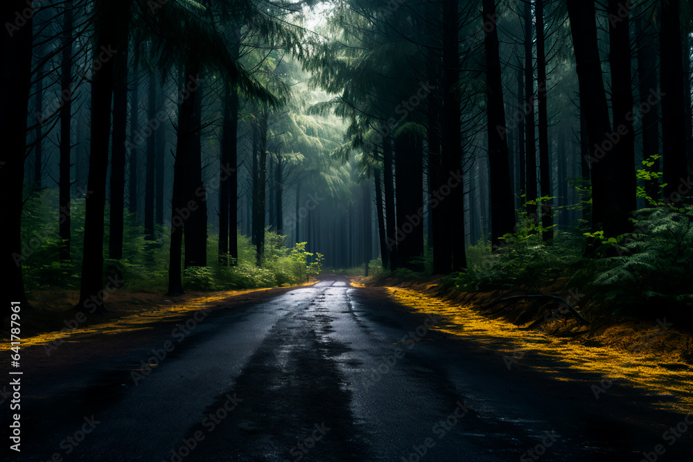 Asphalt road in the forest after rain. Morning on the road