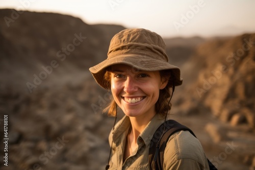 Medium shot portrait photography of a blissful girl in her 30s wearing a casual baseball cap at the gates of hell in danakil depression ethiopia. With generative AI technology