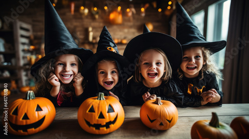 Group of child girls in witch costumes for Halloween with pumpkin lantern at home.