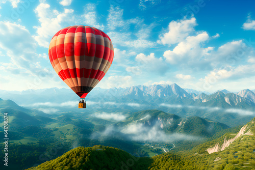 A large orange balloon flies over the mountains. A hot air balloon in flight