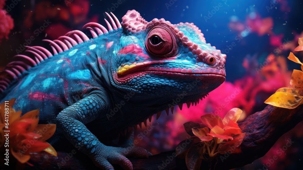 A neon blue space chameleon blending into the vibrant colors of a neon pink galaxy, camouflaged in the cosmos