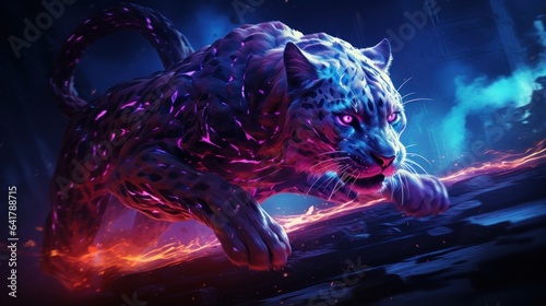 A neon blue space cheetah sprinting across a neon purple planet, leaving a trail of neon streaks behind photo