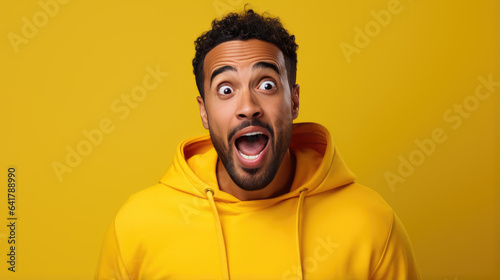 Young handsome man wearing casual clothes shocked with surprise and amazed expression on yellow background © MP Studio