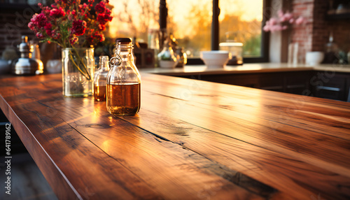 a blurred image of a wooden kitchen counter top photo