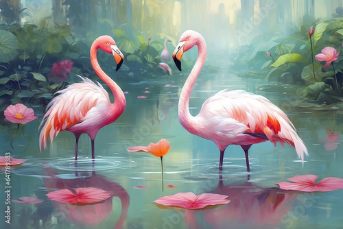Pink flamingos standing in a garden pond, illustration