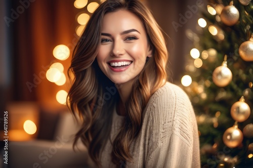 Close up portrait of overjoyed young Caucasian woman have fun laugh and joke enjoying Christmas winter holidays at home. Excited millennial female feel playful positive and joyful, celebrate New Year.
