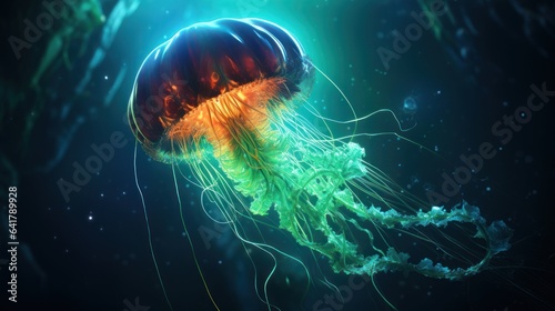 A neon green space jellyfish floating gracefully in the depths of a neon blue nebula