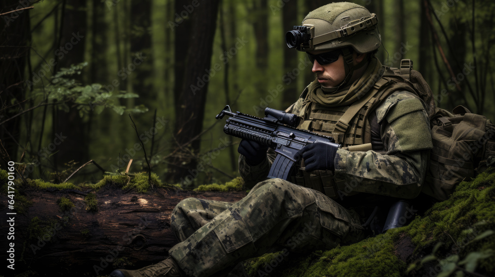 Military man in camouflage with a gun sits in the woods.