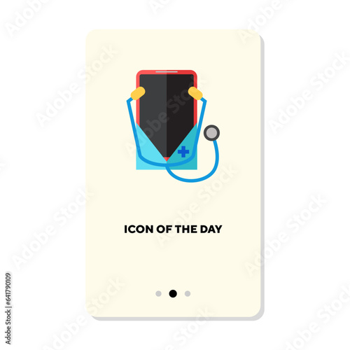 Smartphone with stethoscope flat vector icon. Online consultation with doctor via app isolated vector illustration. Medical help, application, internet services concept for web design and apps