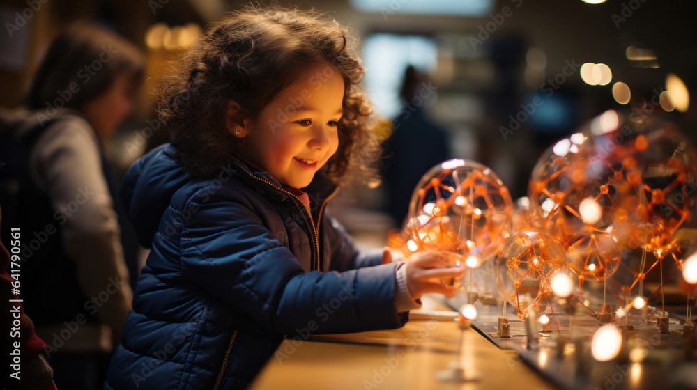Adorable little girl sitting at a table and playing with light bulbs at science exhibit center. - obrazy, fototapety, plakaty 