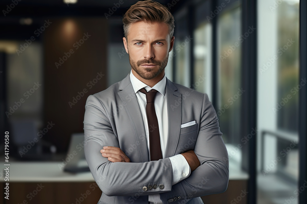 Portrait of a businessman. Business chic handsome man in a business grey suit jacket and black tie, ai Portrait of a businessman. Business chic handsome man in a business grey suit jacket and black tie, ai