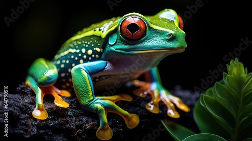 A neon green tree frog perched on a leaf, glowing in the darkness of the rainforest