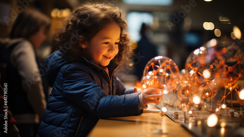 Adorable little girl sitting at a table and playing with light bulbs at science exhibit center.