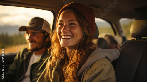 Young friends sit at car on road trip. Couple going on a long drive. © AS Photo Family
