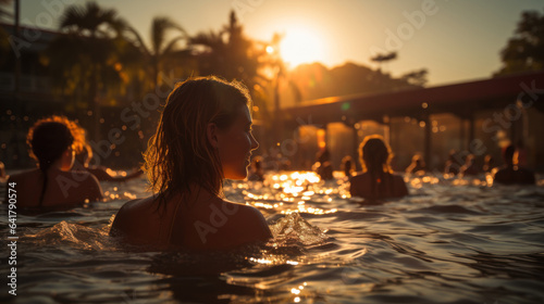 Back view of young woman in swimming pool at sunset. People having fun and relaxing in water.