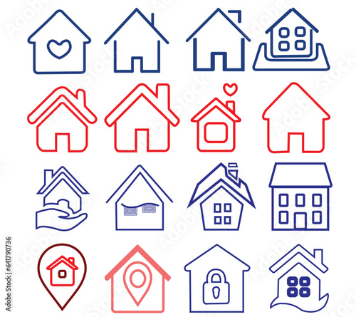  Collection home icons. House symbol. Vector illustration. Collection home icons. House symbol. Set of real estate objects and houses black icons isolated on white background. Vector illustration.