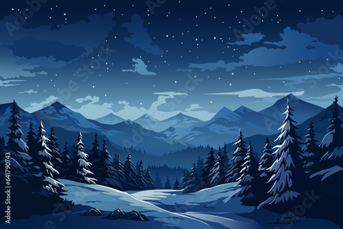 Beautiful night winter landscape of forest and mountains. Snow covered mountains, forest, trees, snowdrifts and amazing night sky with stars and clouds. Christmas Eve.