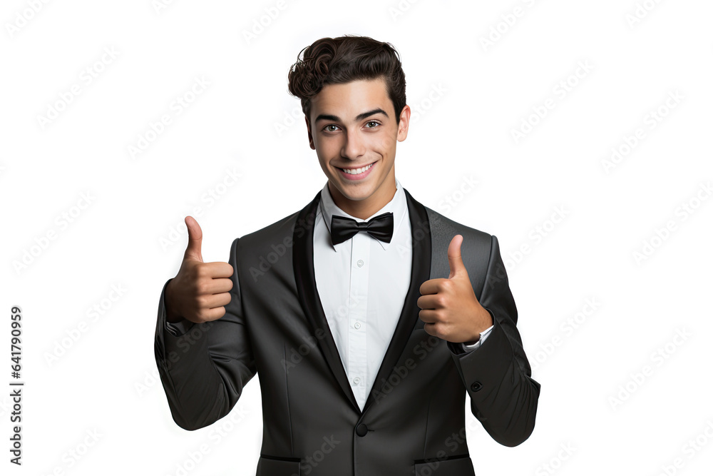 attractive happy young cheerful man in a black tuxedo and bow tie make thumbs up recommend isolated on white color background attractive happy young cheerful man in a black tuxedo and bow tie make thumbs up recommend isolated on white color background